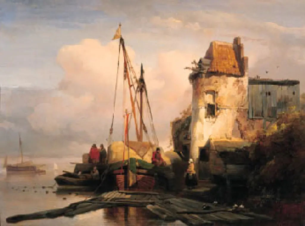 Riviergezicht, op de voorgrond een hooischuit bij een oud gebouw